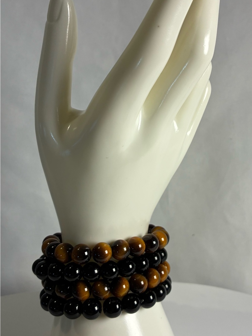 Layered Tiger Eye and Black Bead Stretch Bracelet Set - Women Jewelry